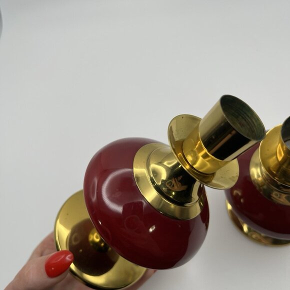 Vintage Mid-Century W. Delft B Holland Red & Gold Brass Candle Holders Atomic - Picture 10 of 11